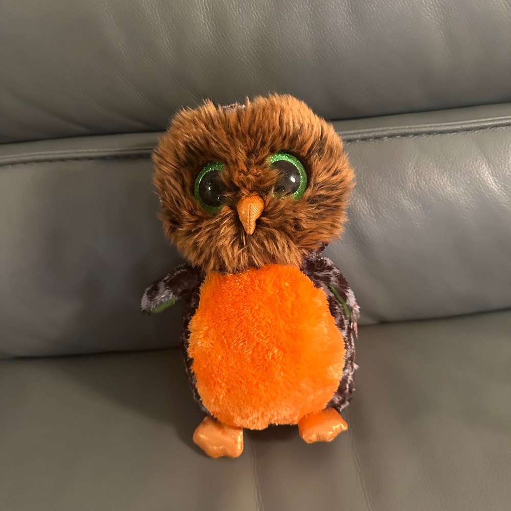 Ty Beanie Boos Midnight the Owl Black‎ Orange Leopard Print Plush 6 inch 2014